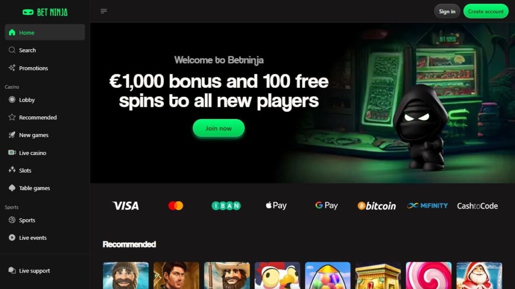 homepage van het betninja no cruks casino